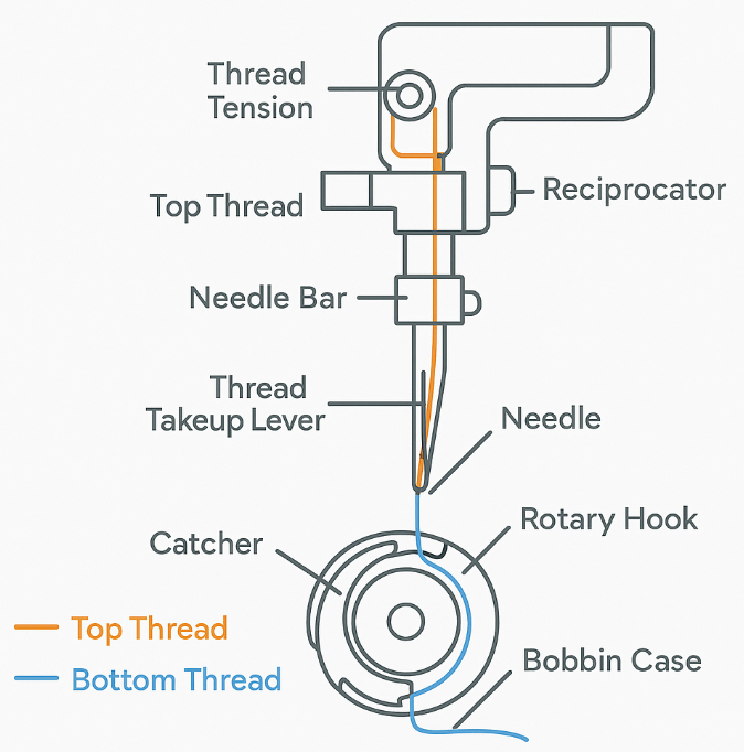 Diagram of stitching assembly and threads